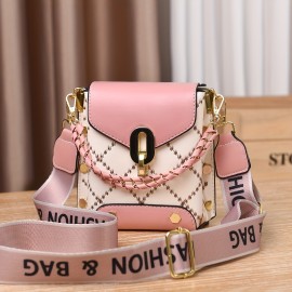 Mini Studded Decor Crossbody Bag, Argyle Embroidery Mobile Phone Purse, Trendy Chain Decor Handbag For Women