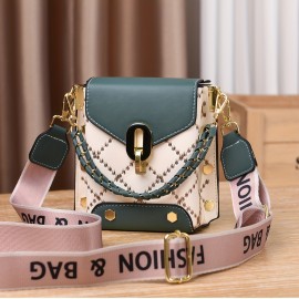 Mini Studded Decor Crossbody Bag, Argyle Embroidery Mobile Phone Purse, Trendy Chain Decor Handbag For Women