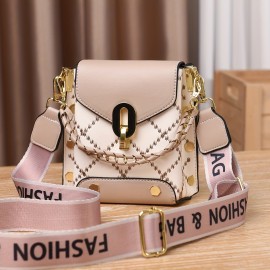 Mini Studded Decor Crossbody Bag, Argyle Embroidery Mobile Phone Purse, Trendy Chain Decor Handbag For Women