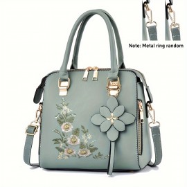 Women's Embroidered Flower Handbag, Fashion Top Handle Purses, Elegant PU Leather Crossbody Bag