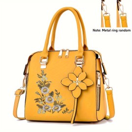 Women's Embroidered Flower Handbag, Fashion Top Handle Purses, Elegant PU Leather Crossbody Bag