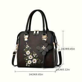 Women's Embroidered Flower Handbag, Fashion Top Handle Purses, Elegant PU Leather Crossbody Bag