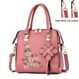 Women's Embroidered Flower Handbag, Fashion Top Handle Purses, Elegant PU Leather Crossbody Bag