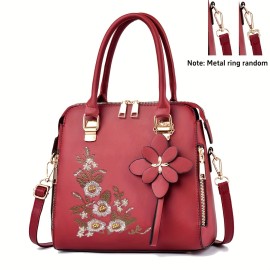 Women's Embroidered Flower Handbag, Fashion Top Handle Purses, Elegant PU Leather Crossbody Bag