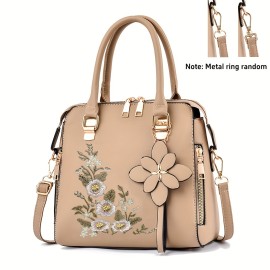 Women's Embroidered Flower Handbag, Fashion Top Handle Purses, Elegant PU Leather Crossbody Bag