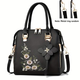 Women's Embroidered Flower Handbag, Fashion Top Handle Purses, Elegant PU Leather Crossbody Bag