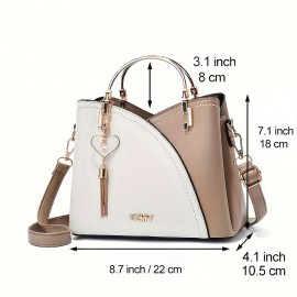 Color Block Satchel Bag, Trendy Tassel Decor Crossbody Bag, Women's Top Ring Purse (9.1*7.5*4.5) Inch