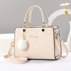 Solid Color Crossbody Bag For Women, Fashion Letter Decor Handbag, Double Handle Satchel Purse