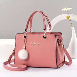 Solid Color Crossbody Bag For Women, Fashion Letter Decor Handbag, Double Handle Satchel Purse