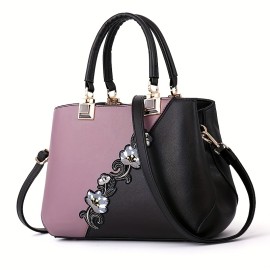 Flower Embroidery Handbags, Fashion Color Contrast Crossbody Bag, Women's Stitching Satchel Purses