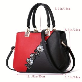 Flower Embroidery Handbags, Fashion Color Contrast Crossbody Bag, Women's Stitching Satchel Purses