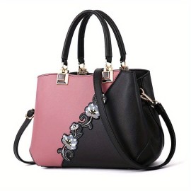 Flower Embroidery Handbags, Fashion Color Contrast Crossbody Bag, Women's Stitching Satchel Purses