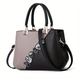 Flower Embroidery Handbags, Fashion Color Contrast Crossbody Bag, Women's Stitching Satchel Purses