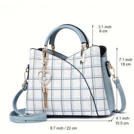 Plaid Pattern Handbag For Women, Crossbody Bag With Tassel Pendant, Fashion Top Handle Shoulder Purse