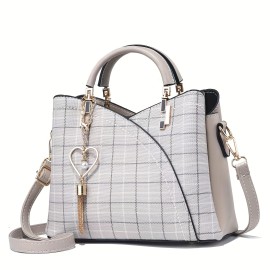 Plaid Pattern Handbag For Women, Crossbody Bag With Tassel Pendant, Fashion Top Handle Shoulder Purse