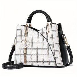 Plaid Pattern Handbag For Women, Crossbody Bag With Tassel Pendant, Fashion Top Handle Shoulder Purse