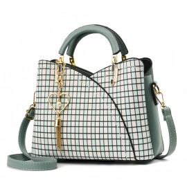 Plaid Pattern Handbag For Women, Crossbody Bag With Tassel Pendant, Fashion Top Handle Shoulder Purse