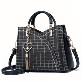 Plaid Pattern Handbag For Women, Crossbody Bag With Tassel Pendant, Fashion Top Handle Shoulder Purse