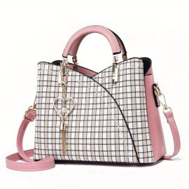 Plaid Pattern Handbag For Women, Crossbody Bag With Tassel Pendant, Fashion Top Handle Shoulder Purse