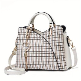 Plaid Pattern Handbag For Women, Crossbody Bag With Tassel Pendant, Fashion Top Handle Shoulder Purse