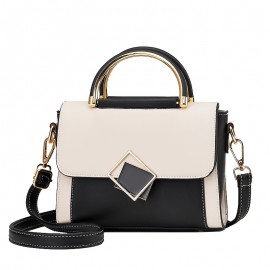 Color Contrast Satchel Flap Crossbody Bag, PU Leather Textured Bag Purse, Classic Versatile Fashion Shoulder Bag