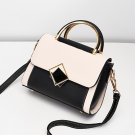 Color Contrast Satchel Flap Crossbody Bag, PU Leather Textured Bag Purse, Classic Versatile Fashion Shoulder Bag