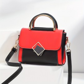 Color Contrast Satchel Flap Crossbody Bag, PU Leather Textured Bag Purse, Classic Versatile Fashion Shoulder Bag