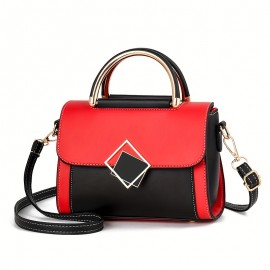 Color Contrast Satchel Flap Crossbody Bag, PU Leather Textured Bag Purse, Classic Versatile Fashion Shoulder Bag