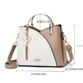 Metal Handle Satchel Color Stitching Tote Bag, PU Leather Tassel Shoulder Bag, Casual Versatile Commuter Bag