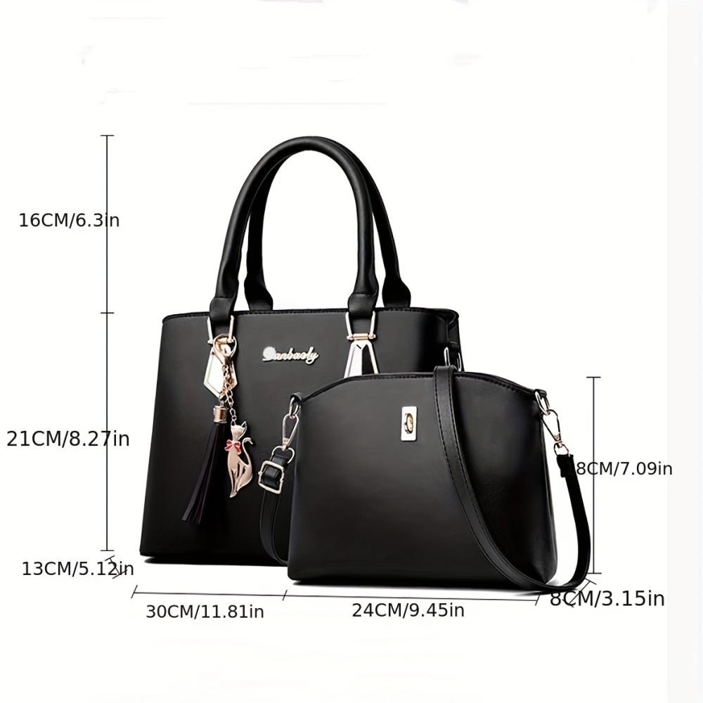 2Pcs Solid Color Handbag Set, Fashion Tassel Decor Tote Bag, Women's Simple Crossbody Bag