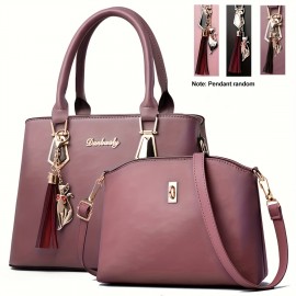 2Pcs Solid Color Handbag Set, Fashion Tassel Decor Tote Bag, Women's Simple Crossbody Bag