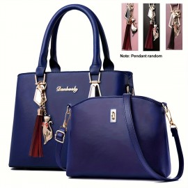 2Pcs Solid Color Handbag Set, Fashion Tassel Decor Tote Bag, Women's Simple Crossbody Bag