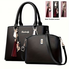 2Pcs Solid Color Handbag Set, Fashion Tassel Decor Tote Bag, Women's Simple Crossbody Bag