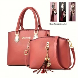 2Pcs Solid Color Handbag Set, Fashion Tassel Decor Tote Bag, Women's Simple Crossbody Bag