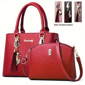 2Pcs Solid Color Handbag Set, Fashion Tassel Decor Tote Bag, Women's Simple Crossbody Bag