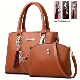 2Pcs Solid Color Handbag Set, Fashion Tassel Decor Tote Bag, Women's Simple Crossbody Bag