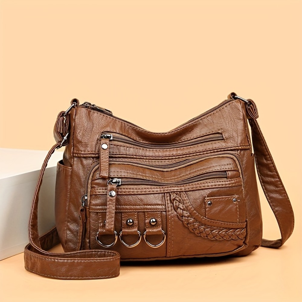 Retro Soft PU Leather Crossbody Bag, Multi Layer Shoulder Bag, Studded Decor Purse For Women