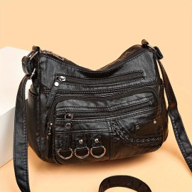 Retro Soft PU Leather Crossbody Bag, Multi Layer Shoulder Bag, Studded Decor Purse For Women