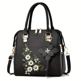 Women's Flower Embroidered Tote Bag, All-Match Shoulder Bag, Versatile Shoulder Bag