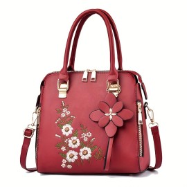 Women's Flower Embroidered Tote Bag, All-Match Shoulder Bag, Versatile Shoulder Bag