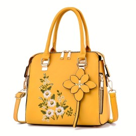 Women's Flower Embroidered Tote Bag, All-Match Shoulder Bag, Versatile Shoulder Bag