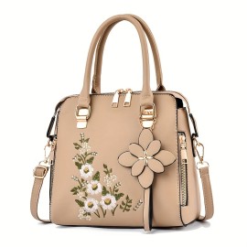 Women's Flower Embroidered Tote Bag, All-Match Shoulder Bag, Versatile Shoulder Bag