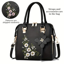 Women's Flower Embroidered Tote Bag, All-Match Shoulder Bag, Versatile Shoulder Bag