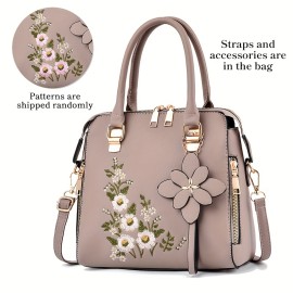 Women's Flower Embroidered Tote Bag, All-Match Shoulder Bag, Versatile Shoulder Bag