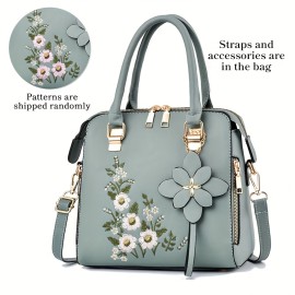 Women's Flower Embroidered Tote Bag, All-Match Shoulder Bag, Versatile Shoulder Bag