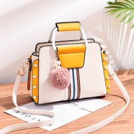 Color Contrast Crossbody Bag, Women's Faux Pearl Decor Handbag, Top Handle Purse With Pompom Decor