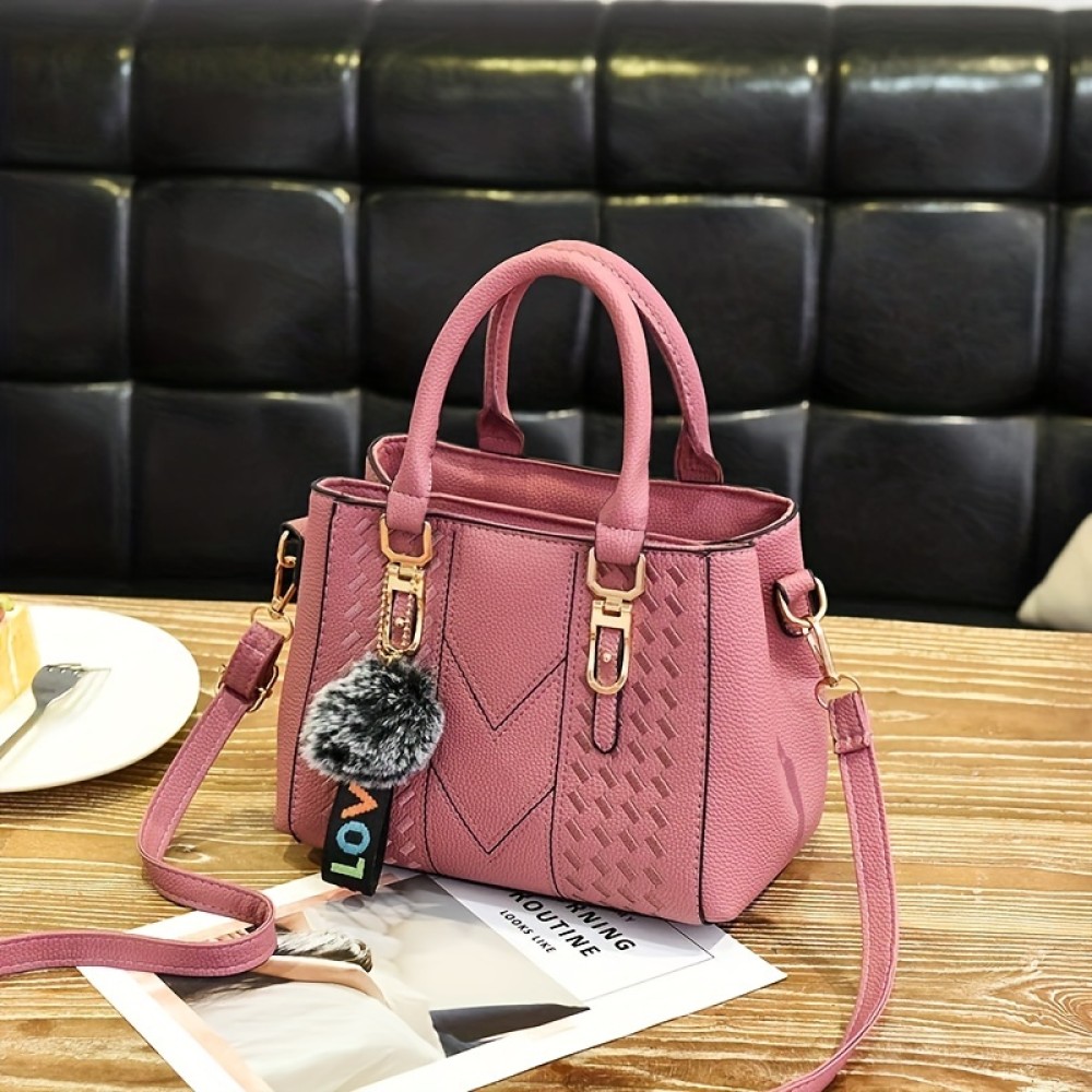 Embroidery Detail Satchel Bag, Trendy PU Leather Crossbody Bag, Women's Double Handle Purse With Pendant