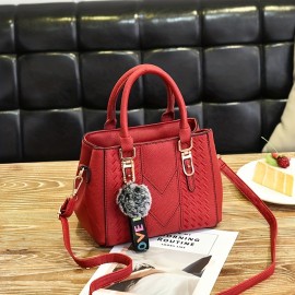 Embroidery Detail Satchel Bag, Trendy PU Leather Crossbody Bag, Women's Double Handle Purse With Pendant