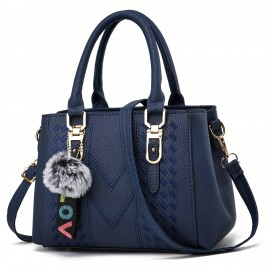 Embroidery Detail Satchel Bag, Trendy PU Leather Crossbody Bag, Women's Double Handle Purse With Pendant