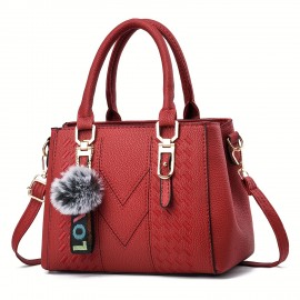 Embroidery Detail Satchel Bag, Trendy PU Leather Crossbody Bag, Women's Double Handle Purse With Pendant